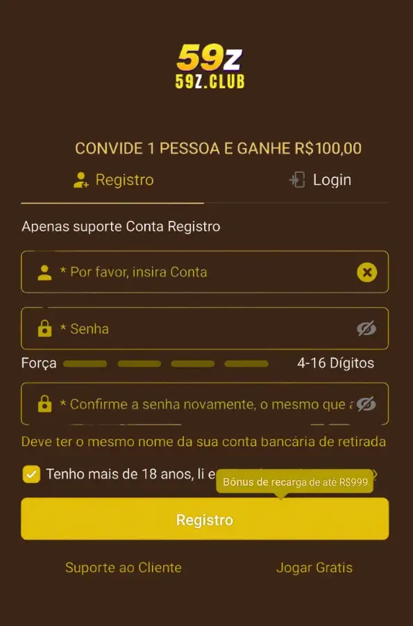 Formulário de registro do 59Z Cassino